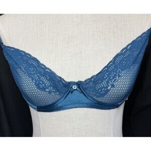 Vintage Victoria Secret Gold Label Blue Lace Bra 36C Underwire 90s Sexy